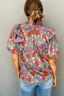 Discount Dear-Lover Floral Tie Split Neck Ruffle Puff Sleeve Blouse Red
