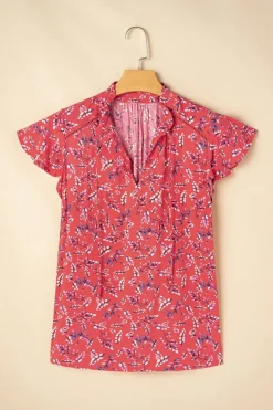Clearance Dear-Lover Floral Tie Split Neck Short Flounce Sleeve Crinkled Blouse Red