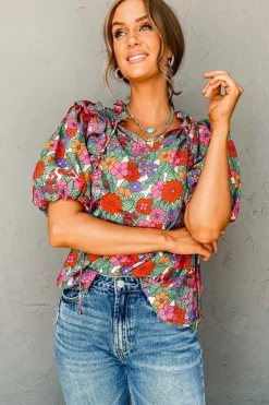 Discount Dear-Lover Floral Tie Split Neck Ruffle Puff Sleeve Blouse Red