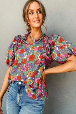 Discount Dear-Lover Floral Tie Split Neck Ruffle Puff Sleeve Blouse Red