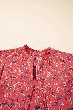 Clearance Dear-Lover Floral Tie Split Neck Short Flounce Sleeve Crinkled Blouse Red
