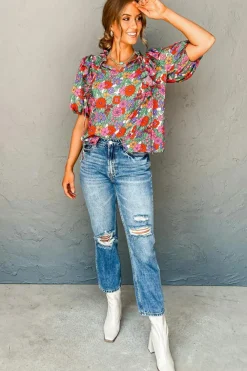 Discount Dear-Lover Floral Tie Split Neck Ruffle Puff Sleeve Blouse Red