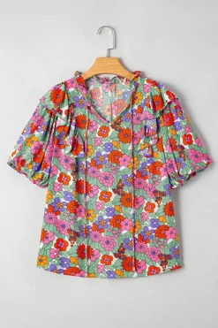 Discount Dear-Lover Floral Tie Split Neck Ruffle Puff Sleeve Blouse Red