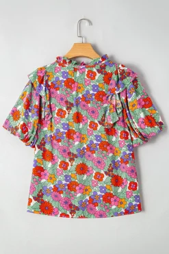 Discount Dear-Lover Floral Tie Split Neck Ruffle Puff Sleeve Blouse Red