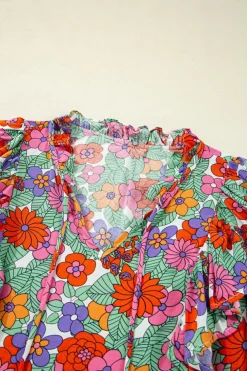 Discount Dear-Lover Floral Tie Split Neck Ruffle Puff Sleeve Blouse Red