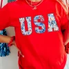 Best Dear-Lover Red Floral USA Graphic Cuffed Sleeve Crew Neck Tee Red-2