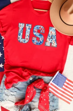 Best Dear-Lover Red Floral USA Graphic Cuffed Sleeve Crew Neck Tee Red-2