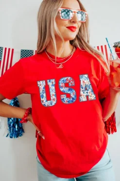 Best Dear-Lover Red Floral USA Graphic Cuffed Sleeve Crew Neck Tee Red-2