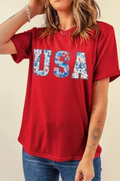 Best Dear-Lover Red Floral USA Graphic Cuffed Sleeve Crew Neck Tee Red-2