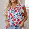 Clearance Dear-Lover Flowers Pintuck Detail V-Neck Ruffled Sleeve Top Red