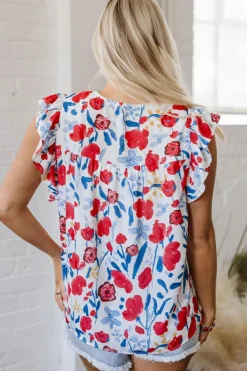 Clearance Dear-Lover Flowers Pintuck Detail V-Neck Ruffled Sleeve Top Red