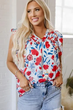 Clearance Dear-Lover Flowers Pintuck Detail V-Neck Ruffled Sleeve Top Red