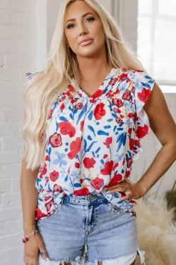 Clearance Dear-Lover Flowers Pintuck Detail V-Neck Ruffled Sleeve Top Red