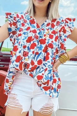 Clearance Dear-Lover Flowers Pintuck Detail V-Neck Ruffled Sleeve Top Red