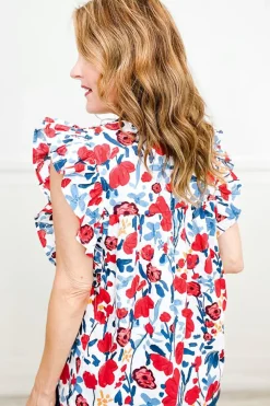 Clearance Dear-Lover Flowers Pintuck Detail V-Neck Ruffled Sleeve Top Red