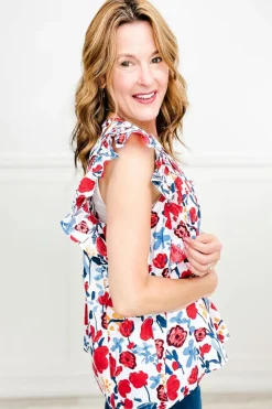 Clearance Dear-Lover Flowers Pintuck Detail V-Neck Ruffled Sleeve Top Red
