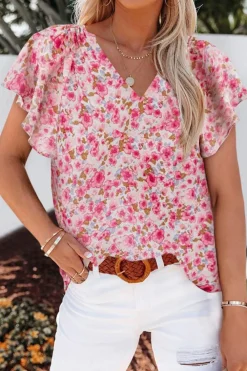 Best Dear-Lover Flutter Sleeve V Neck Floral Summer Blouse Red