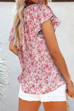 Best Dear-Lover Flutter Sleeve V Neck Floral Summer Blouse Red