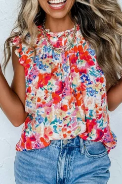 Hot Dear-Lover Frilled Neck Pleated Boho Floral Tank Top Red