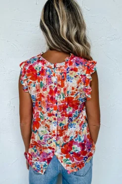 Hot Dear-Lover Frilled Neck Pleated Boho Floral Tank Top Red