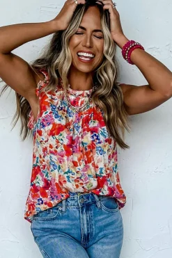 Hot Dear-Lover Frilled Neck Pleated Boho Floral Tank Top Red