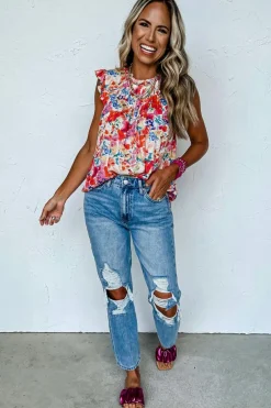 Hot Dear-Lover Frilled Neck Pleated Boho Floral Tank Top Red