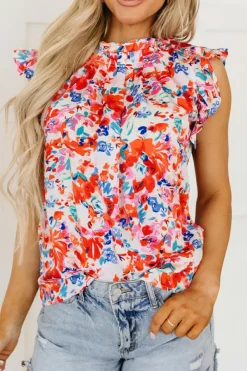 Hot Dear-Lover Frilled Neck Pleated Boho Floral Tank Top Red