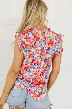 Hot Dear-Lover Frilled Neck Pleated Boho Floral Tank Top Red