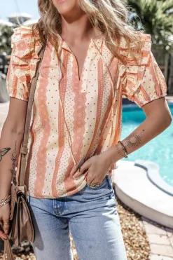 New Dear-Lover Frilled Short Puff Sleeve Mixed Print Blouse Red