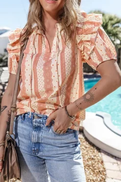 New Dear-Lover Frilled Short Puff Sleeve Mixed Print Blouse Red