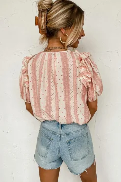 New Dear-Lover Frilled Short Puff Sleeve Mixed Print Blouse Red