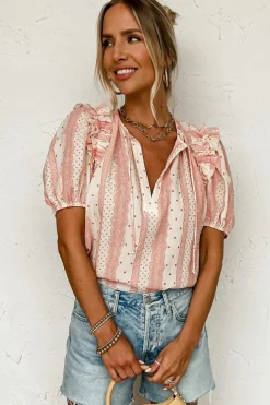 New Dear-Lover Frilled Short Puff Sleeve Mixed Print Blouse Red