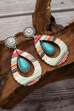 Sale Dear-Lover Hollowed Waterdrop Shape Leather Turquoise Earrings Red