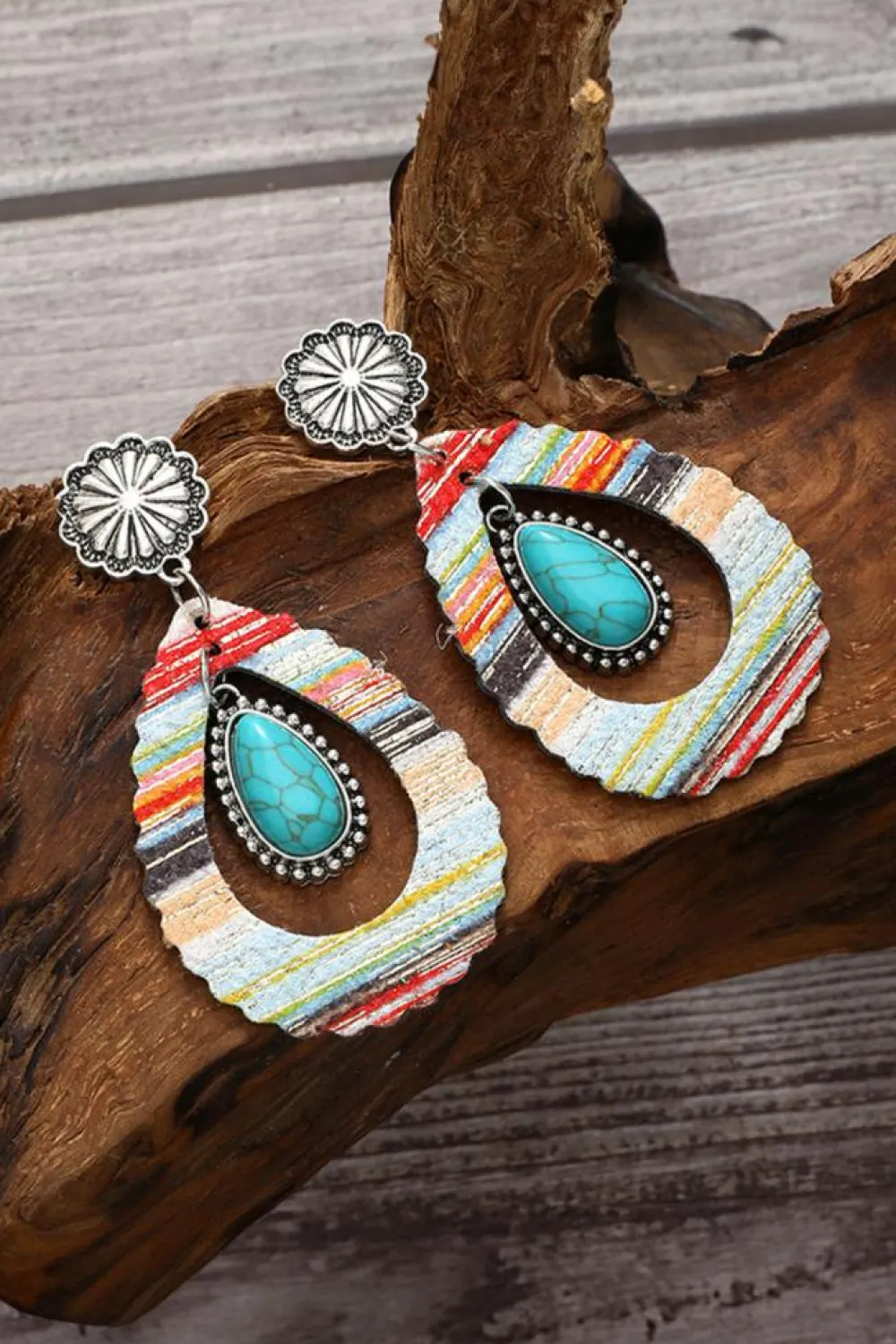 Sale Dear-Lover Hollowed Waterdrop Shape Leather Turquoise Earrings Red