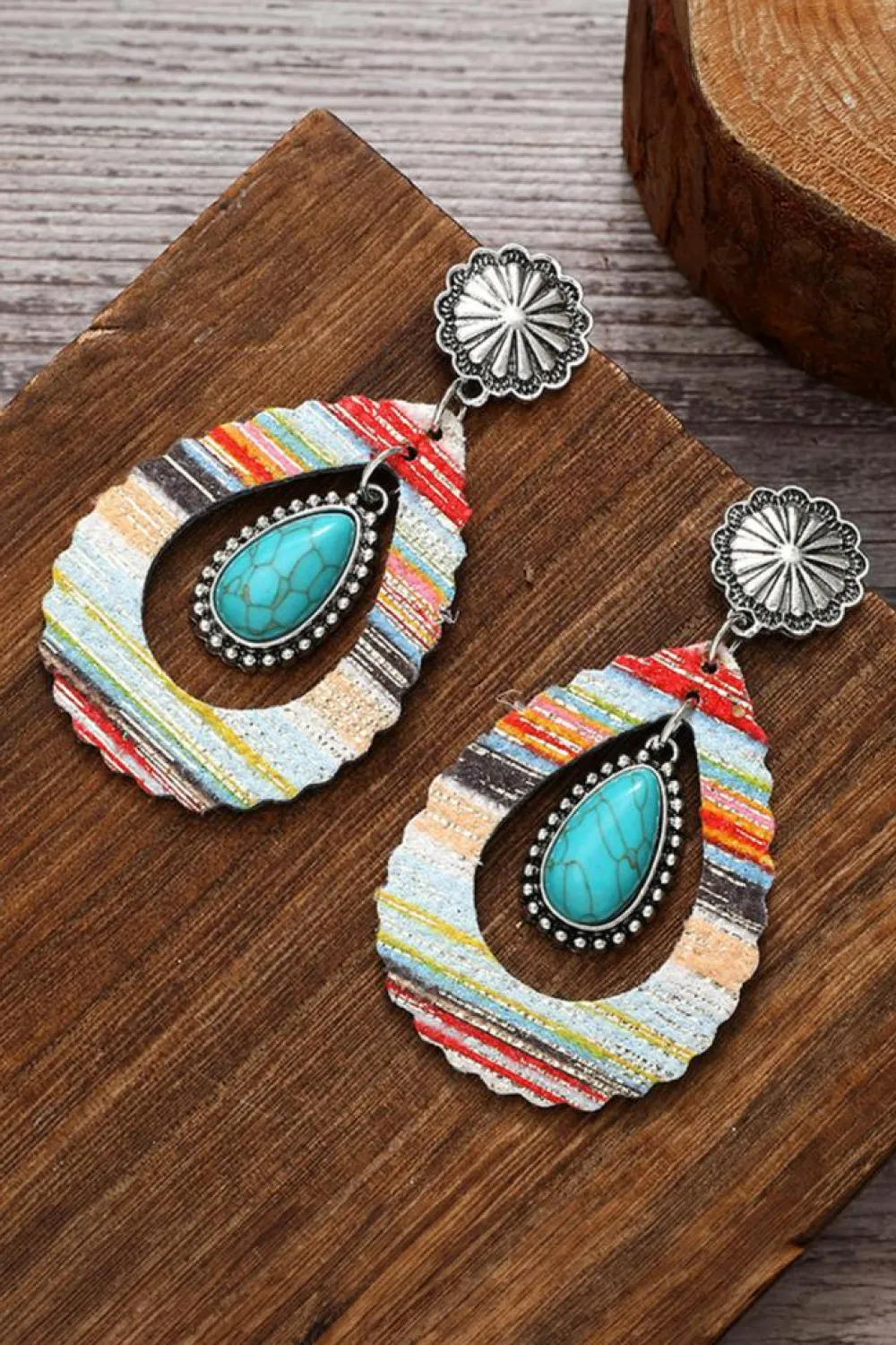 Sale Dear-Lover Hollowed Waterdrop Shape Leather Turquoise Earrings Red