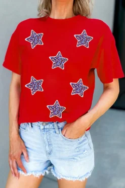 Clearance Dear-Lover Red July 4th Fashion Sequin Star Graphic T Shirt Red-2
