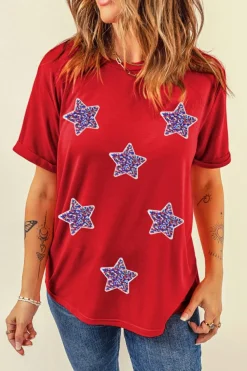 Clearance Dear-Lover Red July 4th Fashion Sequin Star Graphic T Shirt Red-2