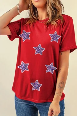 Clearance Dear-Lover Red July 4th Fashion Sequin Star Graphic T Shirt Red-2