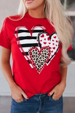 New Dear-Lover Red Leopard Striped Heart Shaped Print Crew Neck T Shirt Red-2