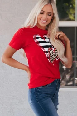 New Dear-Lover Red Leopard Striped Heart Shaped Print Crew Neck T Shirt Red-2