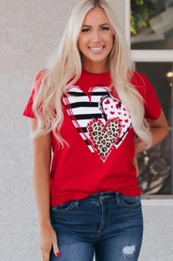 New Dear-Lover Red Leopard Striped Heart Shaped Print Crew Neck T Shirt Red-2