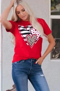 New Dear-Lover Red Leopard Striped Heart Shaped Print Crew Neck T Shirt Red-2