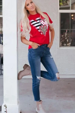 New Dear-Lover Red Leopard Striped Heart Shaped Print Crew Neck T Shirt Red-2