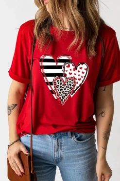 New Dear-Lover Red Leopard Striped Heart Shaped Print Crew Neck T Shirt Red-2