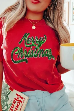 Sale Dear-Lover Red Merry Christmas Graphic Crewneck T Shirt Red-2