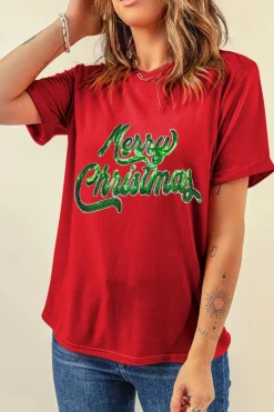 Sale Dear-Lover Red Merry Christmas Graphic Crewneck T Shirt Red-2