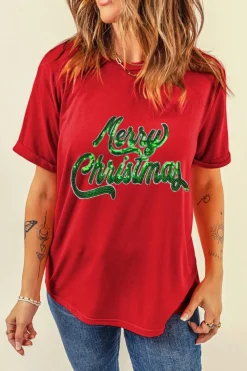 Sale Dear-Lover Red Merry Christmas Graphic Crewneck T Shirt Red-2