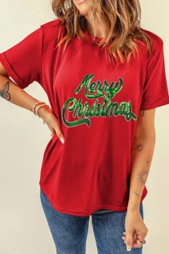 Sale Dear-Lover Red Merry Christmas Graphic Crewneck T Shirt Red-2