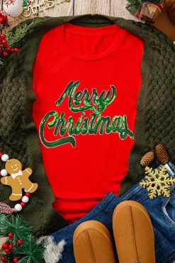 Sale Dear-Lover Red Merry Christmas Graphic Crewneck T Shirt Red-2