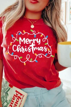 New Dear-Lover Red Merry Christmas Lights Print Crew Neck T Shirt Red-2